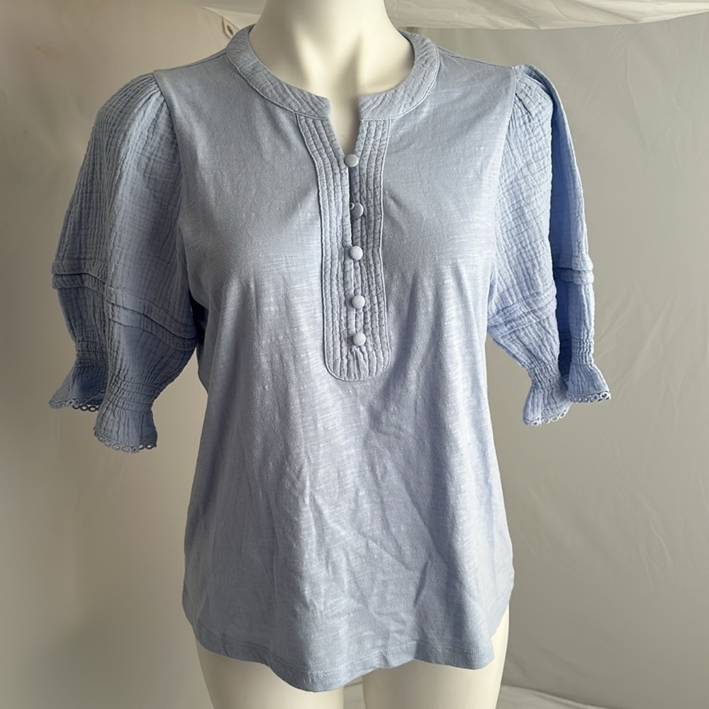 Design History light blue puff sleeve button front top